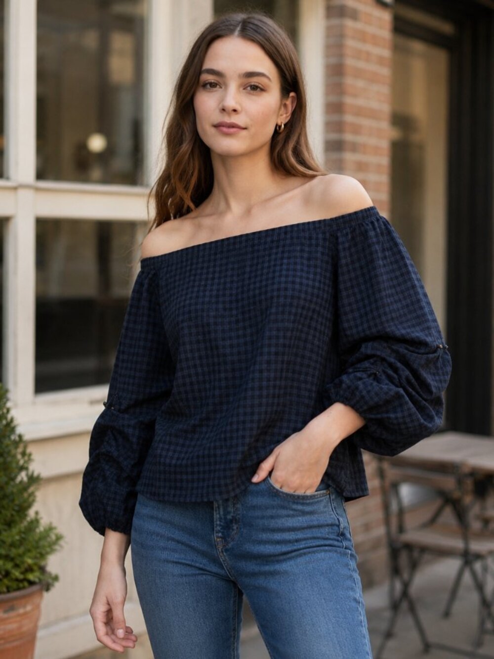 Anthropologie Guest Editor Sz L Blue Black Plaid Off Shoulder Top Balloon Sleeve
